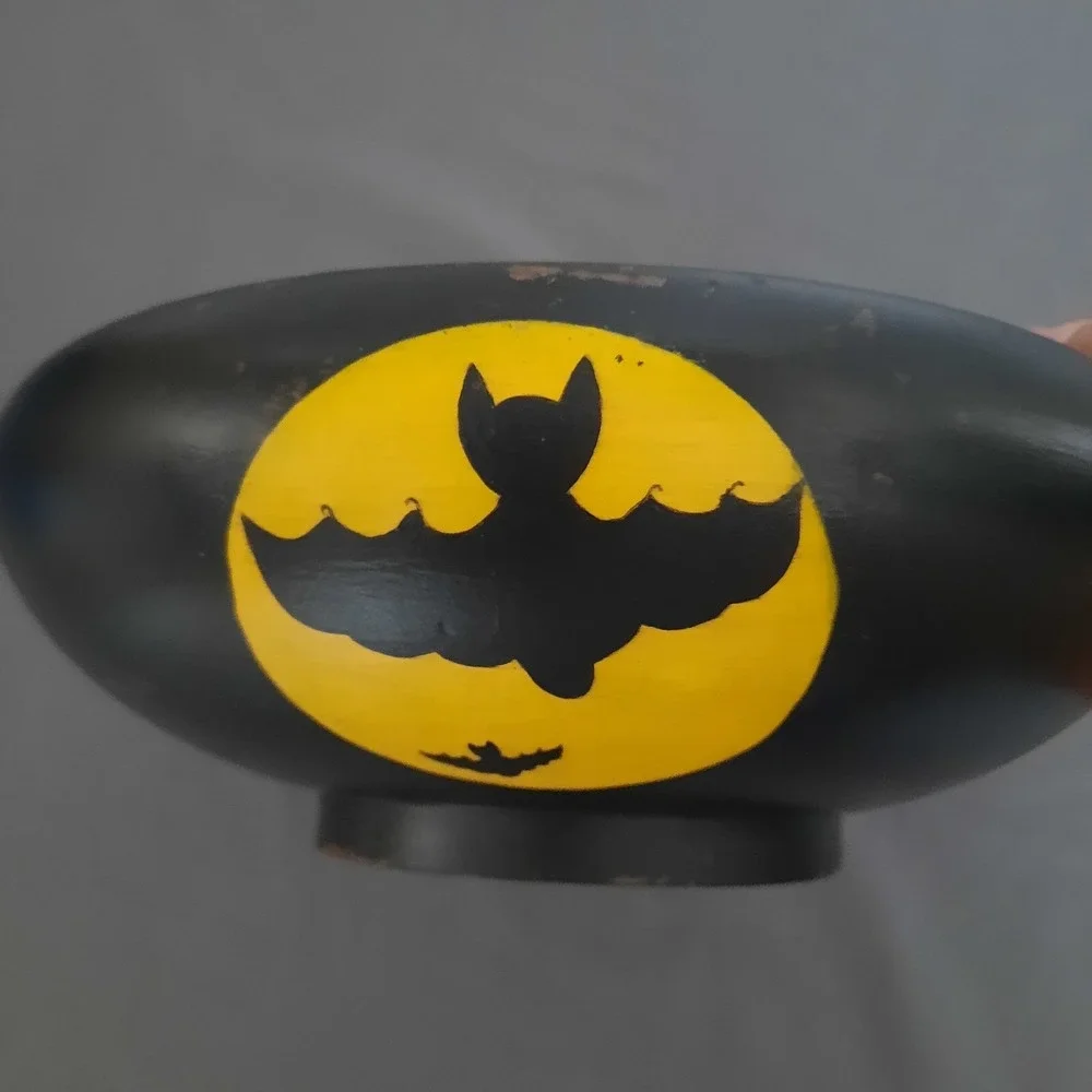 Halloween Hand Painted Wood Bowl Jack O Lantern Witch Black Cat Primitive Rustic